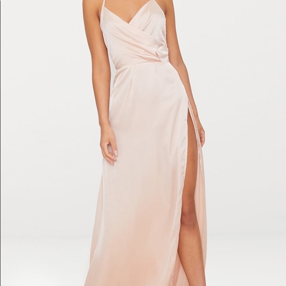 Pretty Little Thing Lucie champagne silky plunge extreme split maxi dress - 8